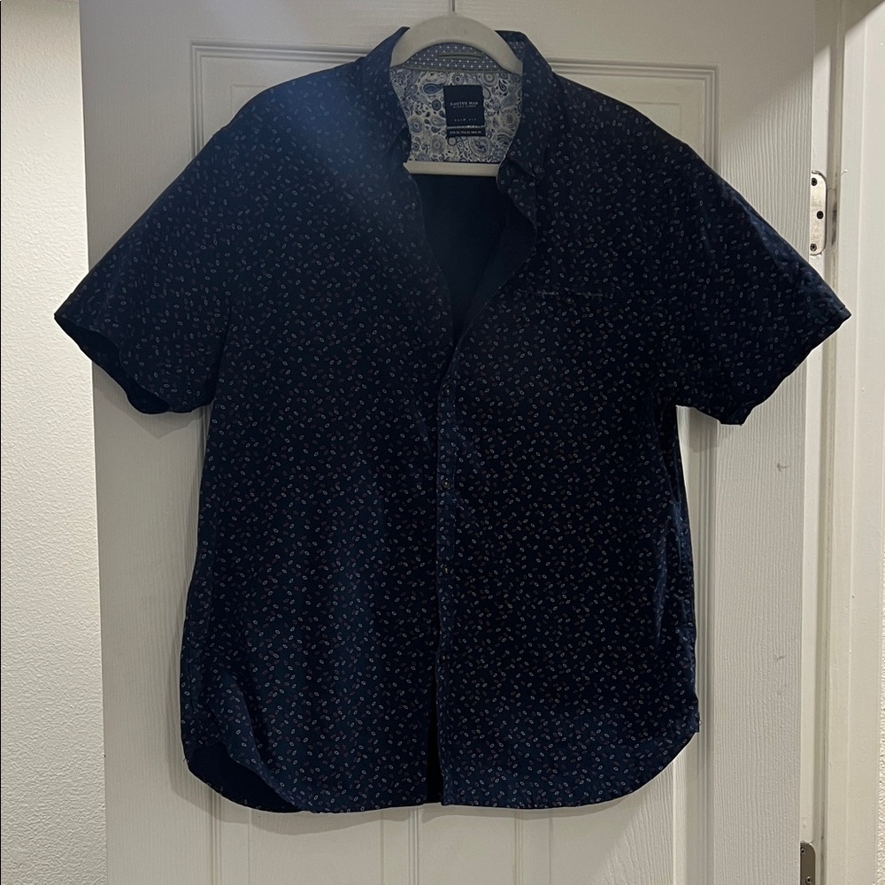 Men's Navy Patterned Short Sleeve Shirt